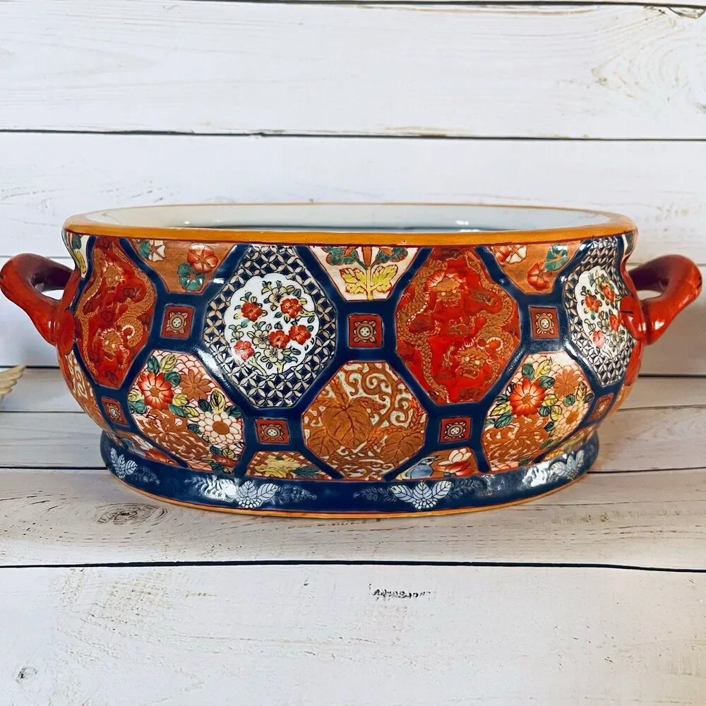 Vintage Oval Handled Imari Style Jardiniere Decorative Interior Fish & Lotus 13”